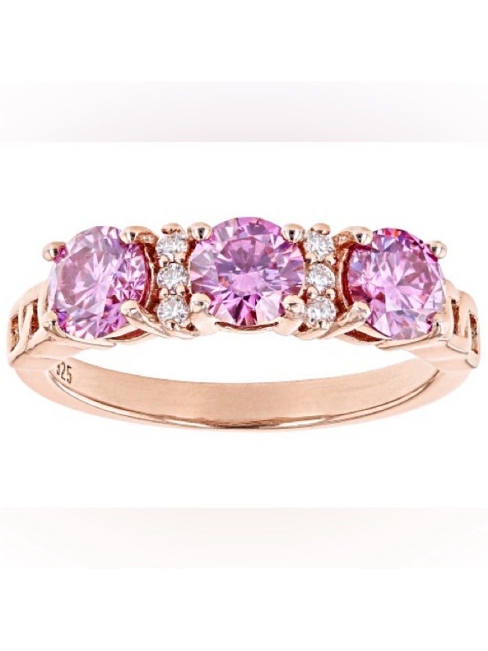 Pink Moissanite Fire® Triple Stone Ring • 14K Rose Gold Over Sterling Silver BBJ